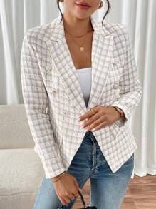 SHEIN Frenchy Women's Plaid Print Lapel Collar Long Sleeve Blazer - Apricot - View 7