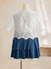 SHEIN CURVE+ 大码曲线夏季白色荷叶边袖刺绣系带露脐上衣，女士夏季衬衫，前系带，系带衬衫，短袖衬衫，可爱夏季衬衫 - 白色 - 查看 2