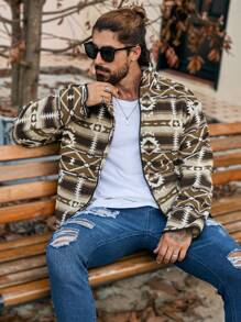 Manfinity Homme Heren Geometrisch Print Lange Mouw Rits Voorkant Casual Jas Voor Herfst/Winter, Herenjas, Herfst En Winter Herenkleding, Heren Khaki Jas, Pluche Fleece Voor Warmte, Winter Herenjas, Vriendje Cadeau, Koraal Fleece