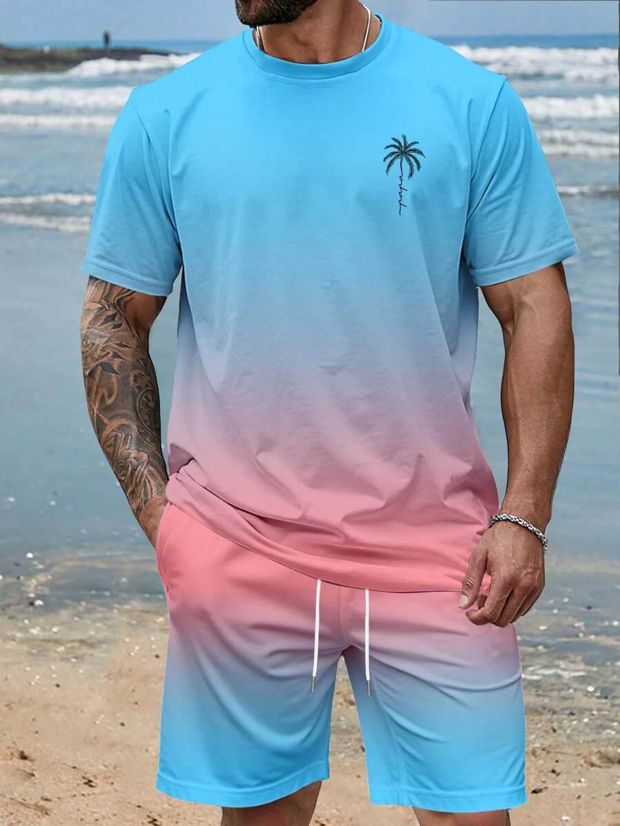 Manfinity RSRT 男士顏色拼接圓領短袖t恤和口袋設計短褲2件套裝 - 彩色 - 查看 1