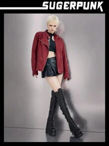 Sugerpunk 女士朋克风厚底过膝长靴，适合春季、春假、复活节和圣诞节穿着。 - 黑色 - 查看 3