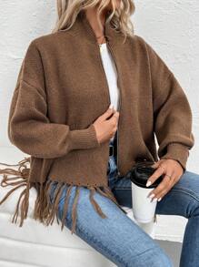 SHEIN LUNE 女士纯色落肩长袖拉链休闲开衫，秋冬装 - 棕色 - 查看 7