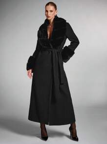 SHEIN BAE Women's Solid Color Fluffy Shawl Collar Long Sleeve Long Elegant Wool Blend Coat, Vintage Coat Winter Fall Women Clothes Customs Women Concert Outfits Winter Women Clothes Fur Coat Stylish And Warm, Suitable For Parties And Outings  In Fall/Winter - Black - View 2