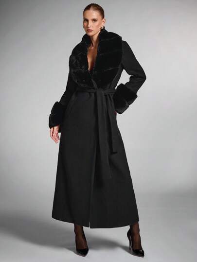 SHEIN BAE Enfärgad fluffig sjalkrage för kvinnor Långärmad lång elegant ullblandningsrock, vintagerock Vinter Höst Kvinnor Kläder för Halloween Kvinnor Konsertkläder Vinter Kvinnor Päls Snygg och varm, Lämplig för fester och utflykter