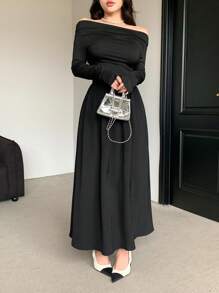 DAZY 女士优雅露肩收腰长袖纯色连衣裙，秋季，生日舞会礼服，秋季女装 - 米色 - 查看 4