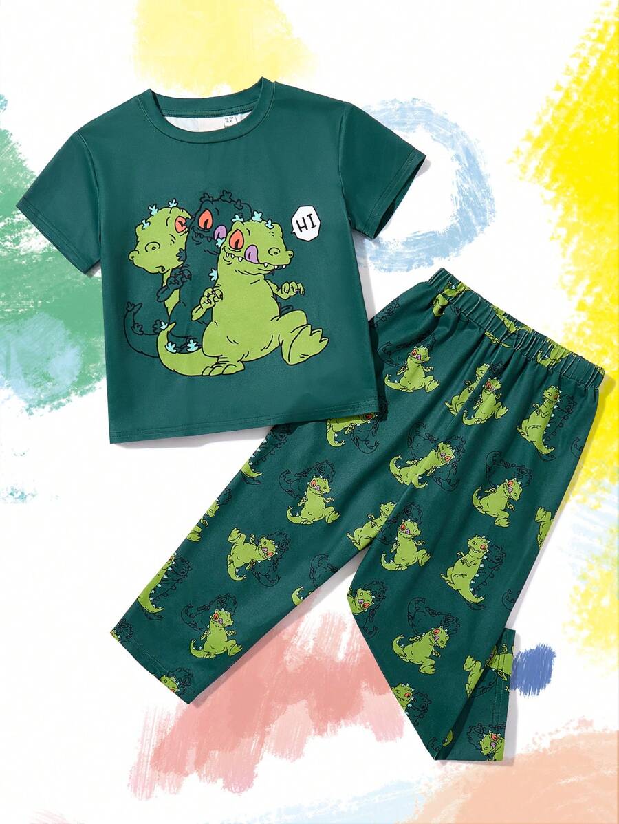 Nick 90s | SHEIN Bộ đồ ngủ mặc nhà thường ngày in hình khủng long hoạt hình cho bé trai, màu xanh ô liu - Nhiều màu - Xem 1