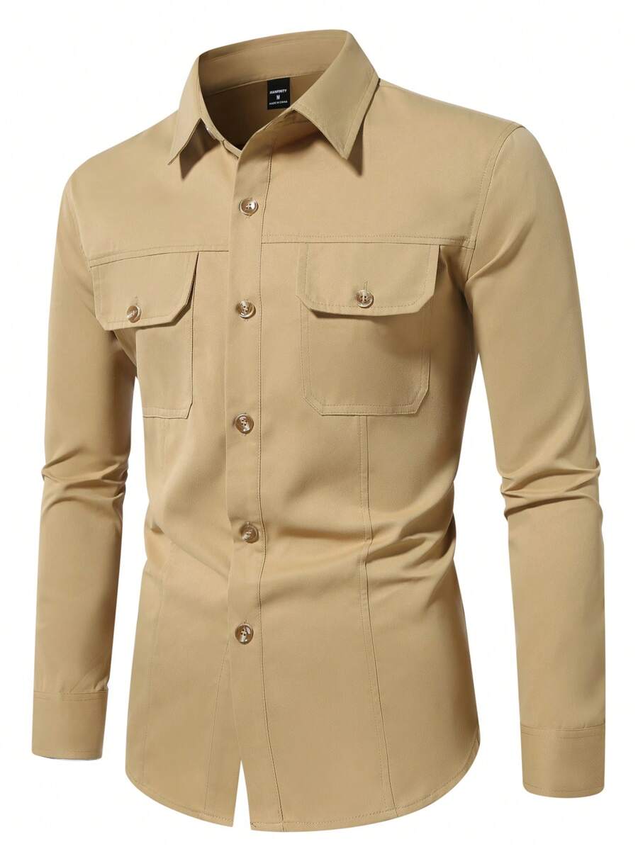 Manfinity Homme Men's Front Button Long Sleeve Pocket Simple Casual Jacket - Khaki - View 1