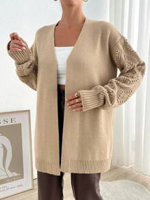 EURMUSE 秋冬季条纹针织休闲宽松长款连衣裙，及膝直下摆内衣 - 駝色 - 查看 4