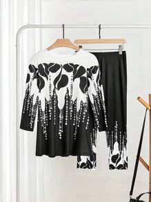 SHEIN LUNE 2pcs Setelan Kasual Wanita Motif Tanaman Musim Semi dan Gugur Atasan Lengan Panjang Leher Bulat dan Celana - Hitam dan Putih - View 1