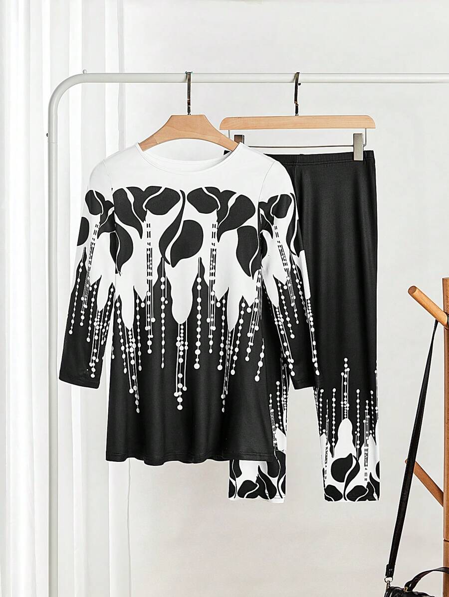 SHEIN LUNE 2pcs Setelan Kasual Wanita Motif Tanaman Musim Semi dan Gugur Atasan Lengan Panjang Leher Bulat dan Celana - Hitam dan Putih - View 1