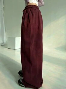 DAZY 女士纯色弹力腰带抓绒运动裤，休闲圣诞节和中国新年装扮，四季皆宜的女士慢跑裤，冬季款 - 酒紅色 - 查看 2