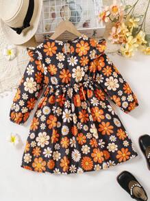 SHEIN Vestido de veludo cotelê com estampa floral laranja (pequeno) para meninas, moda casual quente e confortável, adequado para outono e inverno - Preto - Ver 2