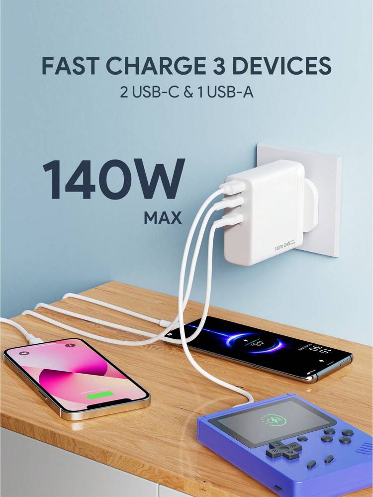 JMMO USB Charger,140W 3 Ports Wall Charger Fast Charging,2 USB-C Ports & 1 USB-A Port Super Fast Dual Laptop Cellphone Charger,Portable Charger