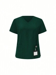 TaskEZ 2pcs Plus Size V-Neck Casual Daily Wear Summer Short Sleeve Top And Pants Set, Plus Size Uniforms & Scrubs