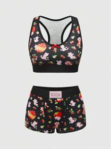 Strawberry Shortcake | ROMWE 草莓和卡通图案工字背无线运动胸罩和宽松内裤套装