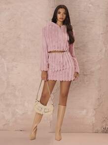 Zolique 2pcs/Set Sweet Furry Hooded Jacket & Skirt Winter Pink Women Snow Teddy Sets,Christmas 2pcs/Set Fall Cloth For Women