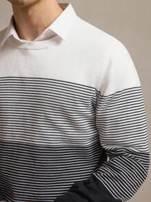 Manfinity Homme Áo len nam cổ tròn dài tay kẻ sọc thường ngày, Thu/Đông - màu đen - Xem 2