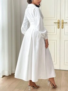 Modelyn Women's Front Button Solid Color Elegant Long Sleeve Dress Long Evening Dresses - White - View 2