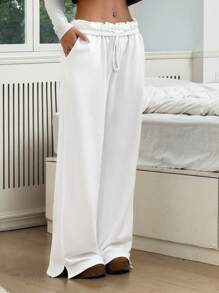 SHEIN EZwear 纯色荷叶边抽绳腰休闲运动裤 - 白色 - 查看 1