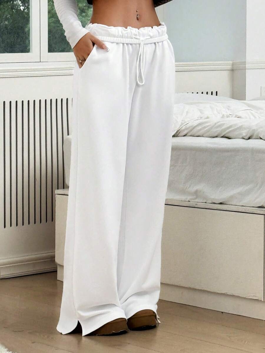 SHEIN EZwear 纯色荷叶边抽绳腰休闲运动裤 - 白色 - 查看 1