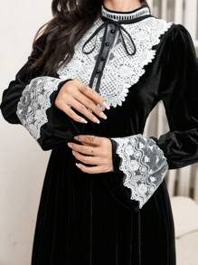 Modelyn Women's Elegant Velvet Dress With Lace Embroidery Patchwork, Princess Style Maxi Women Outfit Long Evening Dresses Fall Cloth For Women - Black - View 7