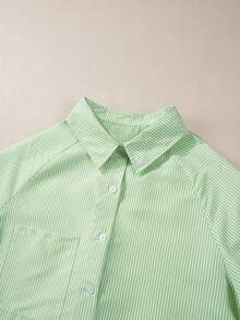 ASVIVID 1pc Women's Casual Loose Striped Adjustable Cuff Shirt, Spring And Autumn - Mint Green - View 6