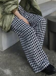 FRIFUL Women's Houndstooth Pattern Drawstring Waist Wide Leg Loose Casual Pants Plaid - Black and White - View 2
