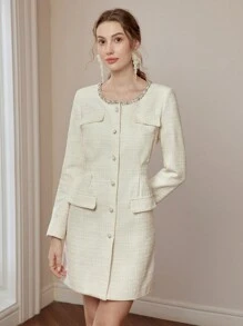 MOTF PREMIUM FLAP DETAIL SINGLE BREASTED PLACKET DRESS - White - View 9