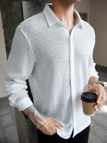 Manfinity Homme 男士白色纽扣长袖休闲衬衫，春季/秋季 - 白色 - 查看 7