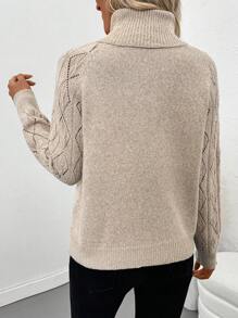 EMERY ROSE Women's Autmn Winter New Arrival High Collar Jacquard Crochet Pattern Raglan Sleeve Casual Pullover Sweater Knit Pullover Fall Outfit - Apricot - View 2