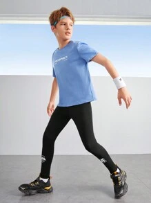 SHEIN 男童弹力透气运动紧身裤，适合健身、跑步、篮球、网球、高尔夫等运动，秋季时尚俱乐部印花黑色紧身裤 - 黑色 - 查看 6