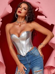 Apperloth A 哥特式金屬質感後背繫帶手帕下擺PU皮革腰封式緊身胸衣上衣 - 銀色 - 查看 6