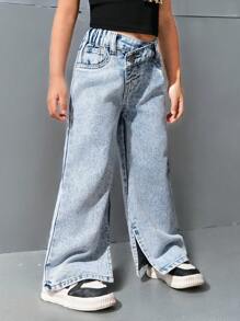 SHEIN Explorewe Jeans de pierna acampanada casual con lavado claro y dobladillo con abertura lateral para niña