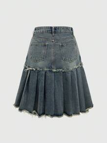 ROMWE Hippie Plus Size Embroidered Vintage High Waist Pleated Denim Skirt, Unique Butterfly Shiny Decor, Bohemian Style, For Summer