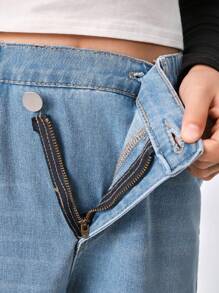 Girls Basic Casual Heavy Washed Asymmetrical Waist Multi-Pocket Loose Denim Jeans - Medium Wash - View 3
