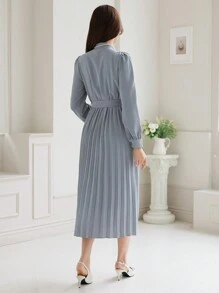 DAZY Solid Color Mid-Length Dress With Pleated Waistband For Women,Fall Clothes Long Sleeve Dress - Blue - View 2