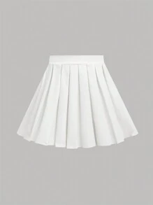 SHEIN Girlism Saia Branca Plissada com Zíper Lateral, de Cor Sólida, Casual, para Meninas Adolescentes, de Volta às Aulas, Uso Diário - Branco - Visão 1