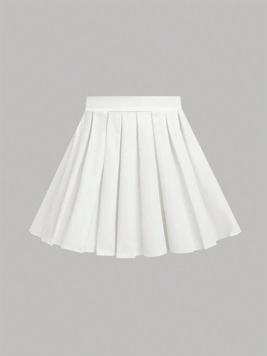 SHEIN Girlism Saia Branca Plissada com Zíper Lateral, de Cor Sólida, Casual, para Meninas Adolescentes, de Volta às Aulas, Uso Diário - Branco - Visão 1