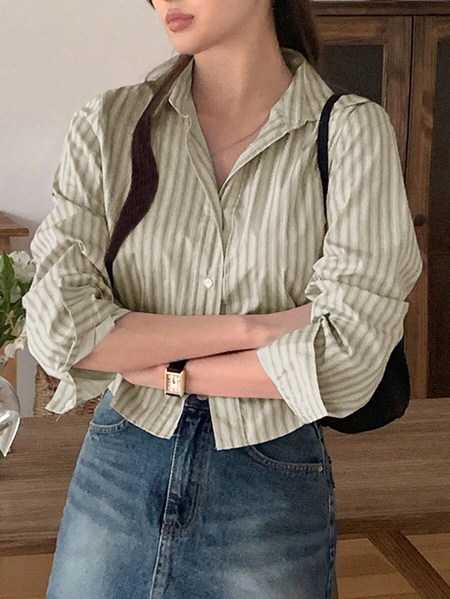 DAZY Women's Striped Form-Fitting Cropped Long Sleeve Shirt, Beige, Spring/Autumn,Fall Women Clothes