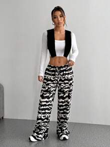 SHEIN Unity Women's Zebra Stripe Casual Lace Up Low Waist Pants Fall Cloth For Women - Multicolor - View 5