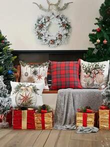 4pcs, Christmas Pillowcase 18x18 Inch Christmas Tree Gloves Hello Winter Decor Cuddle Pillowcase Winter Farmhouse Decor Family Sofa - Multicolor - View 3