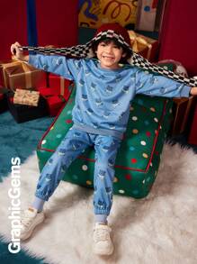 2 件套小男孩圣诞熊印花连帽衫和裤子套装