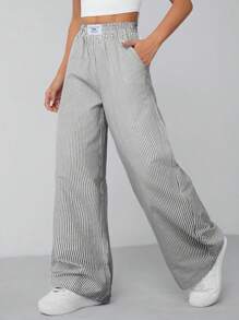 SHEIN PETITE Blauwe geweven, met garen geverfde gestreepte broek voor dames