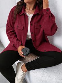 SHEIN LUNE Plus Size Casual Button Up Long Sleeve Jacket, Autumn Winter Fall - Burgundy - View 5