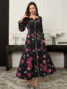 Al Najma 女士花卉印花缺口领长袖侧系带优雅朴素连衣裙，优雅 A 字型 Jalabiya 阿拉伯朴素连衣裙，休闲日常 - 黑色 - 查看 3
