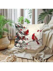 1pc Contemporary Style Cardinal & Winter Berries Pillow Cover, Short Plush Polyester Decorative Throw Pillowcase With Zipper, Christmas & Holiday Cushion Cover For Home Decor - Red - View 3