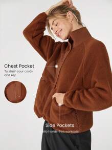 GLOWMODE 舒适厚实摇粒绒柔软保暖宽松弹力下摆夹克带多个口袋日常休闲冬季 - 鏽棕色 - 查看 5