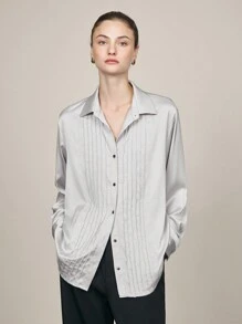 BizChic Grey Satin Finish Long Sleeve Blouse, Elegant Women's Outwear For Party, Holiday, Christmas, New Year, Autumn/Winter, - Grey - View 10