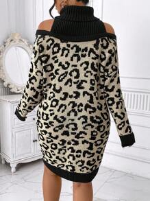 Celure Plus Size Women's Leopard Print Off Shoulder Long Sleeve Loose Straight Sweater Dress, Autumn/Winter