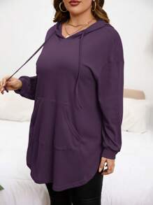 SHEIN Privé Plus Size Women's Solid Color Drop Shoulder Long Sleeve Drawstring Hooded Casual Sweatshirt In Spring To Summer Fall - Purple - View 5